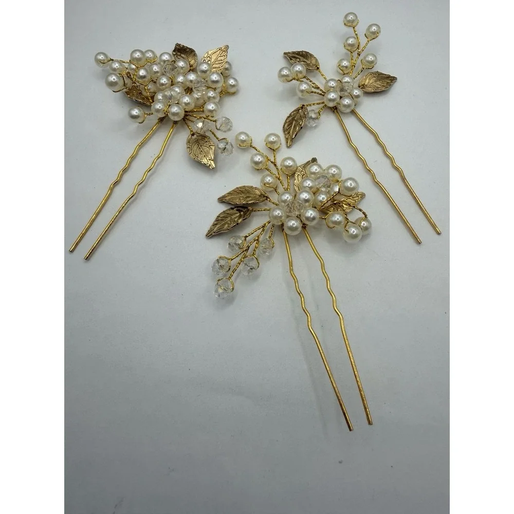Set of 3 Gold Tone Faux Pearl and Crystal Bridal Hair Pins Wedding Accessories
